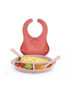 Silicone Kids Dinnerware Set - Ruby Bib and Blush Plate